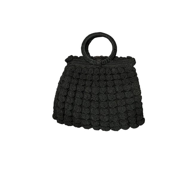 Vintage Black Crocheted Popcorn Stitch Handbag Small Purse Mid Century Used - Picture 2 of 16